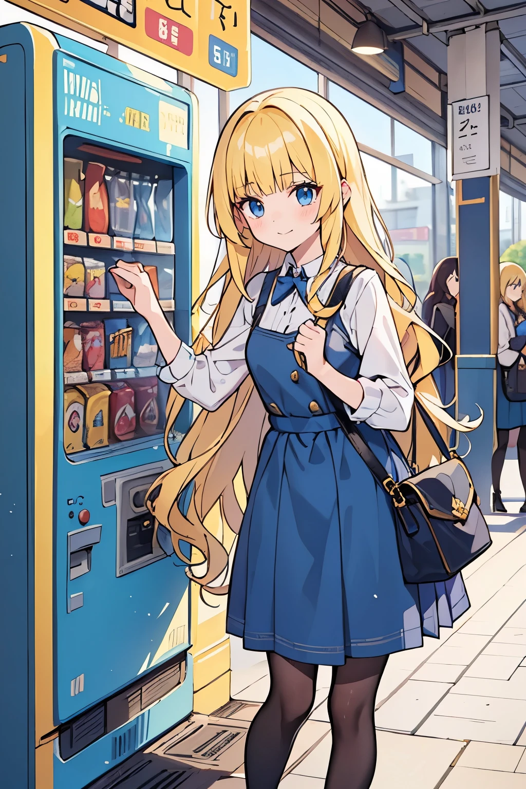 Young adult girl, best quality, 1 girl, female figure, yellow hair, blunt bangs, extra long hair, crystal blue eyes, golden blonde hair, voluminous hair, disheveled wavy hair, cute girl, (medium small breasts), (young female body: 1.4) , Train station background, vending machines and benches, pantyhose, shoulder bag, blue dress,