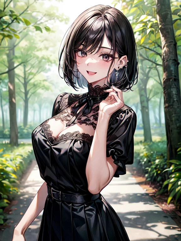((masterpiece, Highest quality, Very detailed)),
cowboy shot,
left to right balance, Perfect Hands,beautiful hands, Perfect Fingers,beautiful fingers, Perfect Limbs,Perfect Body,Correct Human Body, beautiful eyes, (face light:1.2), looking at viewer,
One girl, 20 yers old, black hair, bob cut, swept bangs, BREAK ((black eyes)), thick thighs, smile, ((open mouth)), ((lots of pierced earrings)), medium breasts,
cowboy shot,
random porn pose,
BREAK ((black square neck cropped blouse with lace)), ((cleavage)), (black pleated mini skirt with belt)), silver chain necklace, silver bracelet
forest park during the day, in the forest, a well-maintained path, a bench visible in the distance,