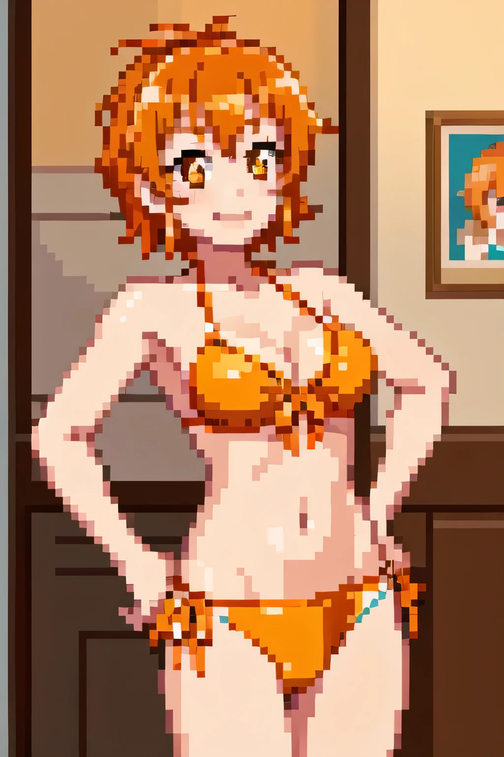 masterpiece, Highest quality, Hagumi Kitazawa, (((Metallic orange bikini))), (High leg)、Upper Body, ,Hands on hips, Inside the mansion、 View your viewers, smile, shy、Cowboy Shot