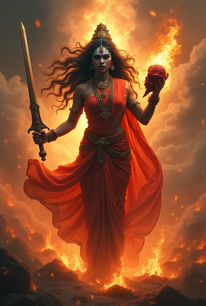 (photorealism:1.2), hindu goddess Kali in angry mood,with Head of the Devil in hand A sword in the other hand.she is wearing a saree and the storm of fire. She is killing a evil through the sword