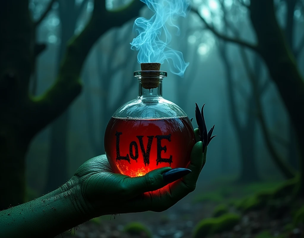  a green hand of a hag, long fingernails, black fingernails, holding a bottle with deep red liquid written "LOVE" blue mists rise from the bottle