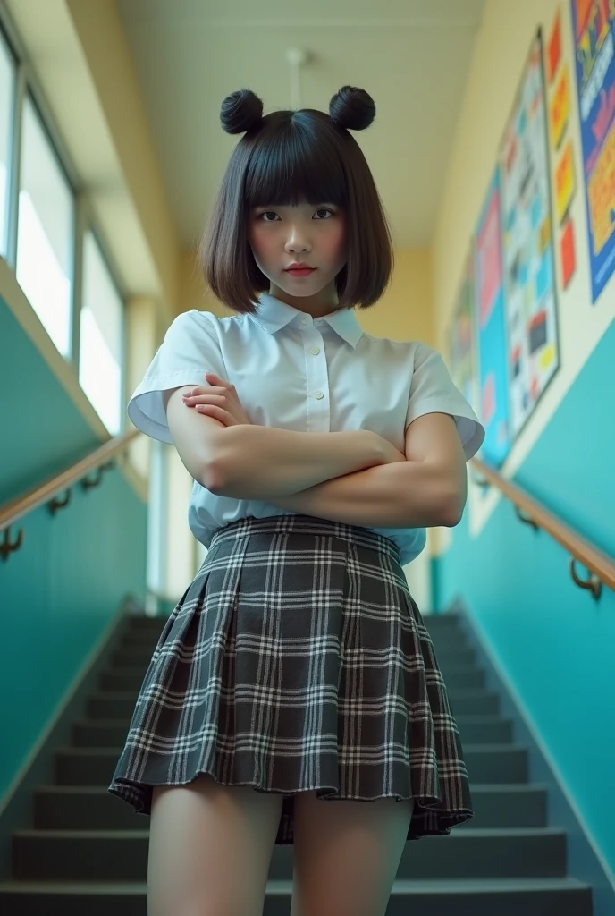medium bob.23yo. .antenna hair. angry. crossed arms. standing.(school uniform:1.2) , Mini skirt. angle from below. striped panties. stairs, indoors,pantyshot, panties shot.