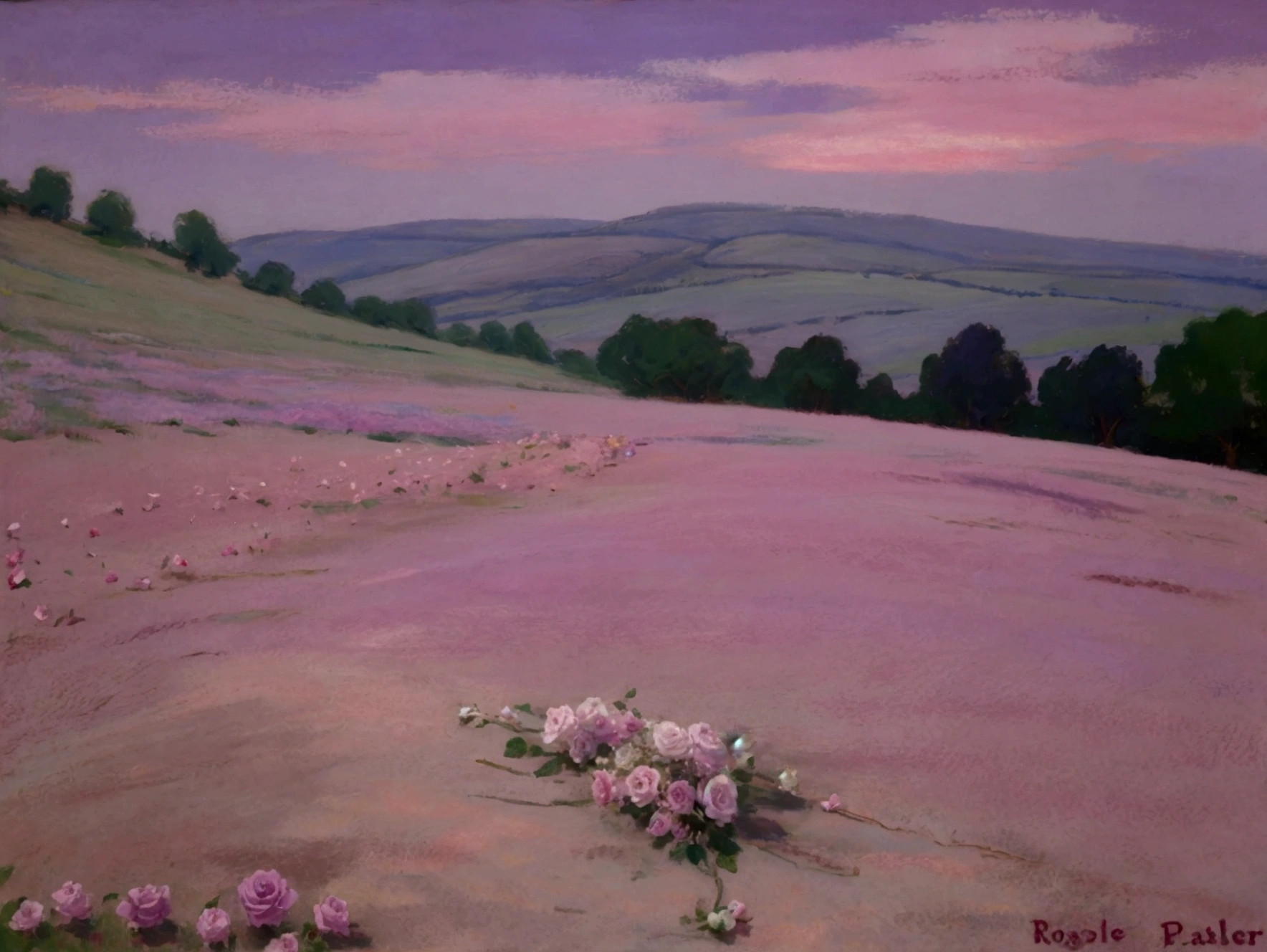 pastel colour purple pink There are many roses on the ground. Top view
