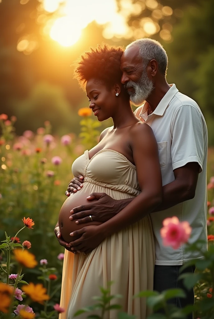 4k, realistic, ultra realistic, a pregnant black women with a old man hugging her from behind