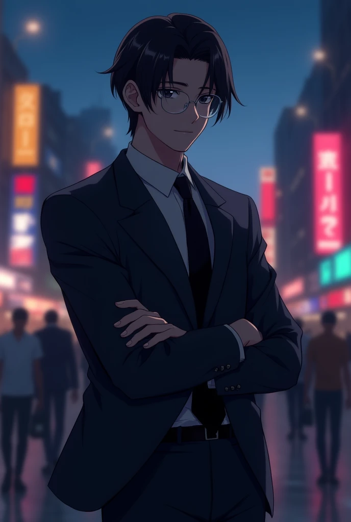 A man
Anime
Black hair
Standing with arms crossed
Wearing glasses
Young-looking face
Wearing a suit
Expressionless face