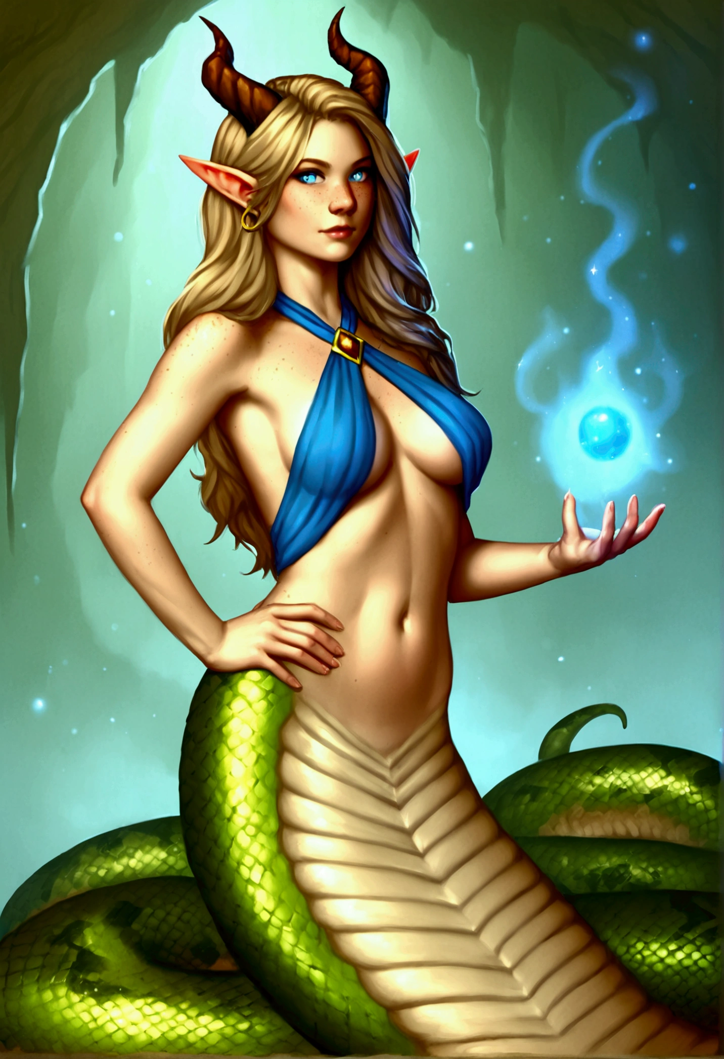 (masterpiece, best quality, high resolution, ((full length standing)),((huge breasts)) 1 gorgon woman, snake hair, lower body of a snake with scales, golden snake eyes, lips red, sensual posture, full body,
