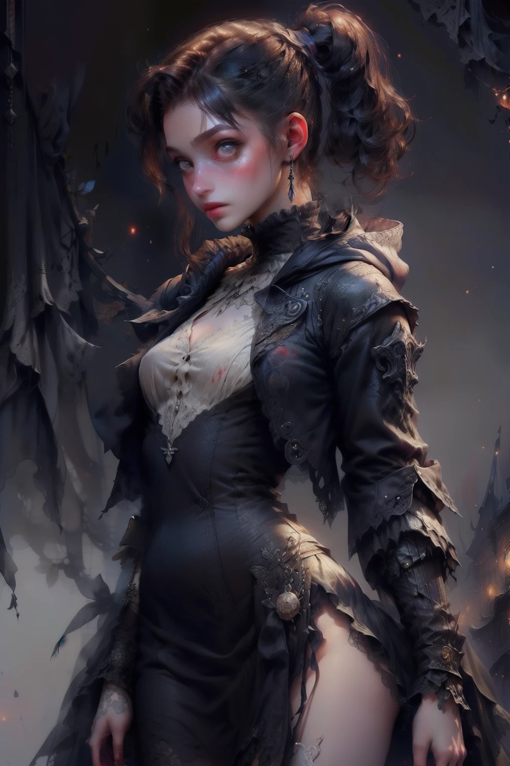 (((masterpiece, of the highest quality, super detailed))), hand drawn style, hand painted style, watercolour, sketch, a knight, white background, plain background, Bloodborne inspired, tatty Bloodborne attire, occult aesthetic, occult, tatty red and white clothing detailed and intricate steampunk and detailed gothic ta (with a hood), long coat, very thin long legs, Complex laced boots, Fluttering lace flared dress with frilly petticoats, petticoats gothic loliesthetic, beautiful small breasts, (((flat chest:1.1))), (((( Highly detailed face))), small thin nose, Small thin lips mouth, (((Very sharp focused eyes))), Very large slit precision pale grey eyes that shine like jewels. ((dark hair)), ((long ponytail, thick ponytail, heavy ponytail)), very long eyelashes, white background, Very dramatic and cinematic lighting, tatty damaged old red and white clothing, full body, whole body, body, cosmic horror, grim dark, NSFW