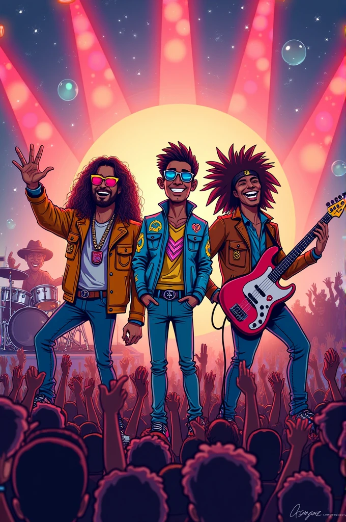 "Create a vibrant cartoon illustration of a music group called 'PLC.' The group consists of three diverse members with unique styles. The lead singer is energetic and charismatic, wearing a colorful jacket and sunglasses. The guitarist has a cool, laid-back vibe with long hair and a bandana, while the drummer is energetic and quirky, with wild hair and drumsticks in hand. They are performing on a brightly lit stage with dynamic, colorful backgrounds, with a cheering audience in the foreground. The atmosphere is electric, reflecting the group's fun and energetic spirit."