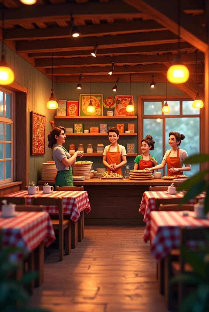 A 3D-rendered cozy small-town pizza shop interior in the evening. The shop is busy with staff making pizzas. The counter has various pizza boxes and ingredients. The atmosphere is warm and bustling, with a realistic 3D perspective."
