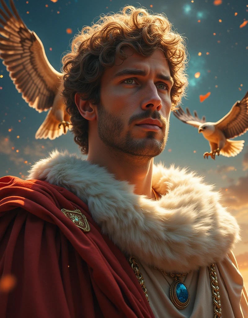 ((masterpiece)), ((Highest quality)), ((High resolution)), ((Highly detailed CG Unity 8k wallpaper)), Roman Emperor Constantine1The Great Emperor、Fluffy hair、Bright and sharp eyes、eyes like a lion、Leisurely Actions、Calm and Composed Expression、Aura of Majesty、neck as thick as a bull、Eagles and Hawks Are Fond of Him、Tarot Cards、Oracle Cards、『world』、In the Style of William Blake、Gustave Moreau's Painting Style、Ancient and Modern、輝く未来とhope、The Universe、Dazzling Light at the Galactic Center、Sagittarius Galactic Center、Flood of light、The colorful sparkle of gemstones、Lu Li Guangcai、Play-of-color effects、Paradise、Eden、Heavenly Jerusalem、Nostalgia、hope、Eternal Happiness、