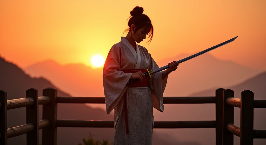Create a scene featuring a woman from the Sengoku period standing on a wooden platform at sunset. She is depicted from the waist up, holding a katana with both hands as she examines the blade. Her traditional Japanese clothing from the era drapes elegantly around her, and her hair is tied loosely in a traditional style. The setting sun casts a warm, orange glow across her face and the sword, while distant mountains and a railing in the background provide a serene backdrop. The atmosphere conveys calm focus and quiet strength.