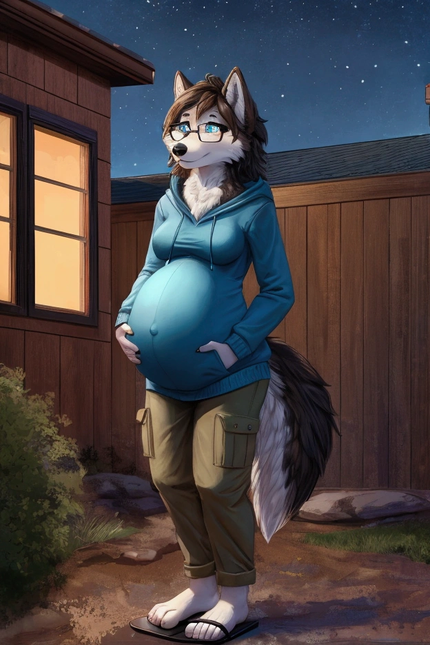Blue hoodie, Khaki cargo pants, glasses, flip flops, anthro, wolf, pregnant, submissive, heartburn, shy, female, shaggy fur, thick fur, mud brown fur, tail, beautiful eyes, perfect eyes, symmetrical eyes, (black retinas:1.2), detailed background, large Texas suburban background, night, furry, looking up, relaxed pose,