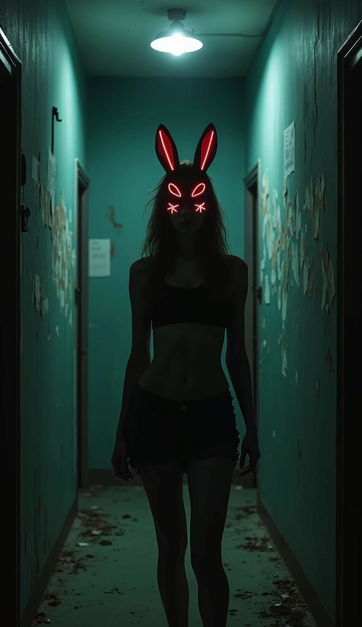 a dark grungy moody room,1 female interrogator,scary stitched neon sewed bunny mask,standing looking at viewer,center frame,high-quality,photorealistic,chiaroscuro lighting,dramatic shadows,cinematic composition,atmospheric,unsettling,creepy,thriller,horror,dark fantasy