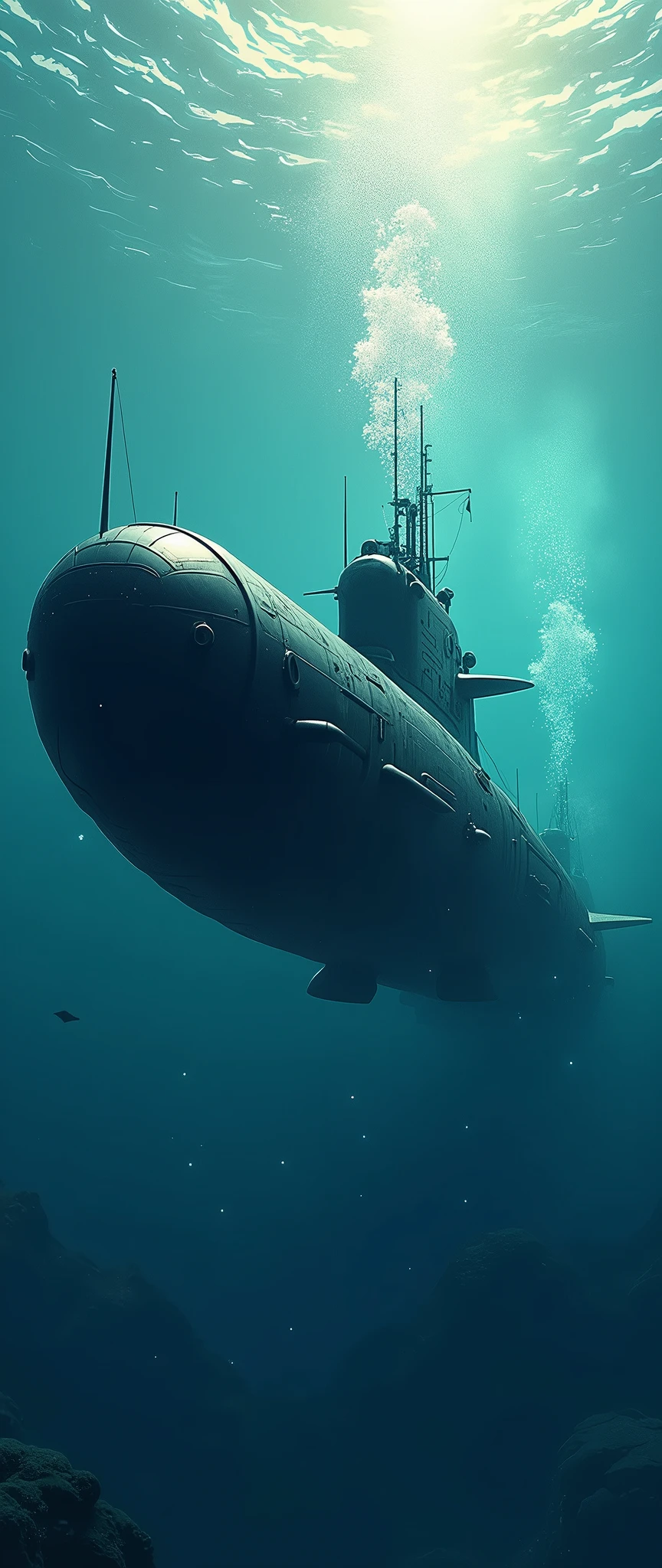 (masterpiece:1.2,Distinguished Quality,Anime Style:2.0,Cinematic Experience),8k,wallpaper,(Best illustrations:2.0),(Future submarine navigating underwater:2.0),(sf:2.0),(Streamlined beautiful submarine:2.0),(dynamic),(Beautiful underwater depiction:2.0),(Background is a beautiful seabed:2.0),(From below:2.0),(Beautiful sunlight shining into the sea:2.0),(VFX,CG),(dynamic),(The strong current from the propeller at the stern:2.0)