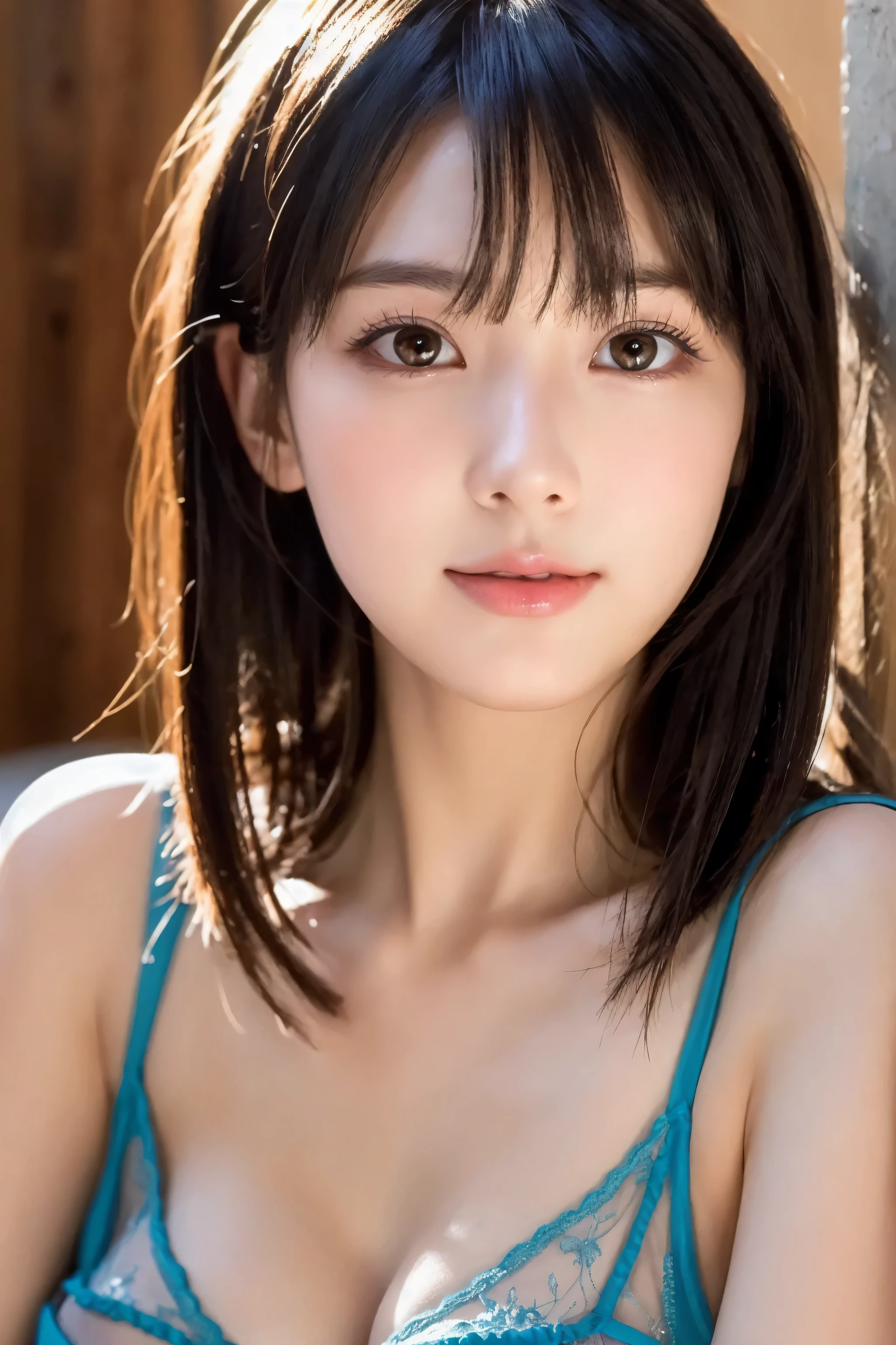 (8k, RAW Photo, Best Quality, Masterpiece:1.2), table top, Ultra Detail, Super Resolution, (Realistic, Realistic Photo:1.37), Portrait, High Detail RAW Color Photo, Professional Photo, Extremely Detailed and Beautiful, Extremely detailed, 8k wallpaper, amazing and detailed, huge file size, official art, highly detailed CG unity 8k wallpaper, highly detailed beautiful girl, highly detailed face, highly detailed eyes, highly detailed skin, highly detailed fingers, highly detailed nose, very detailed detailed mouth , perfect anatomy, highly detailed background, highly detailed clothes, 1girl, 17 year old girl, cute girl, realistic body, fair skin, glowing skin , slim body, handsome body, black hair , semilong hair, (blunt bangs:1.2), smile, cute, youthful, cute face, realistic face, delicate eyes, drooping eyes, looking at viewer, facing front, standing posture, Contraposto, dynamic lighting, ((face closeup)), (medium chest), (Perfect Body Proportions), (slender Body Proportions), (bedroom), super sexy pose, ((colorful lingerie)),