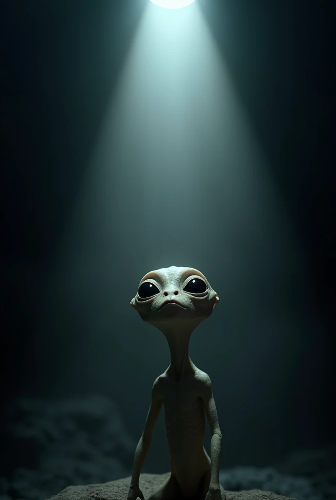 ET illuminated by a spotlight in pitch darkness