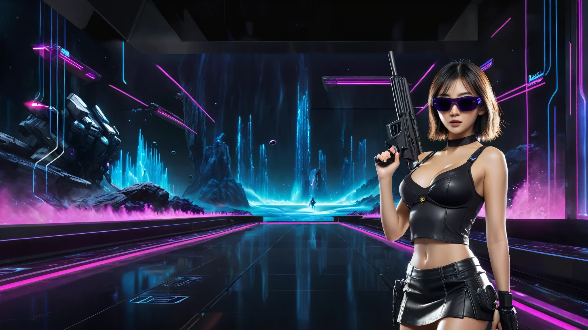 A futuristic sci-fi virtual battle field of war game, shooting range with moving targets, flying vehicle, neon waterfalls. High-resolution OLED GUI interfaces in the building, The windows are filled with transparent data visualization infographics that show it all, from weather patterns to traffic flow, Matrix cascading code. Colors are saturated and vibrant. At night, (1girl, solo), photo realistic, medium-breast:1.3 slim body, cleavage, sling top, miniskirt, (mini VR sunglasses, holding a short gun), half-body thigh level medium shot, cinematic lighting, ray tracing.