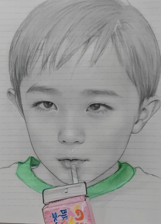Drawing of a boy drinking through a straw, Realism drawing, pencil drawing, a Pencil sketch, pencil on paper, traditional art, Shim Sa-jeong, Pencil sketch, Inspired by Yonghao Han, Inspired by Huang Gongwang, Realistic sketch, Traditional drawing style, hyperRealistic sketch, Traditional portrait, Close-up portrait, Realistic portraits etc.、Please recreate the nasolabial folds that appear from the nose to the mouth when smiling...。Please generate a funny face of a 3-year-old.。
