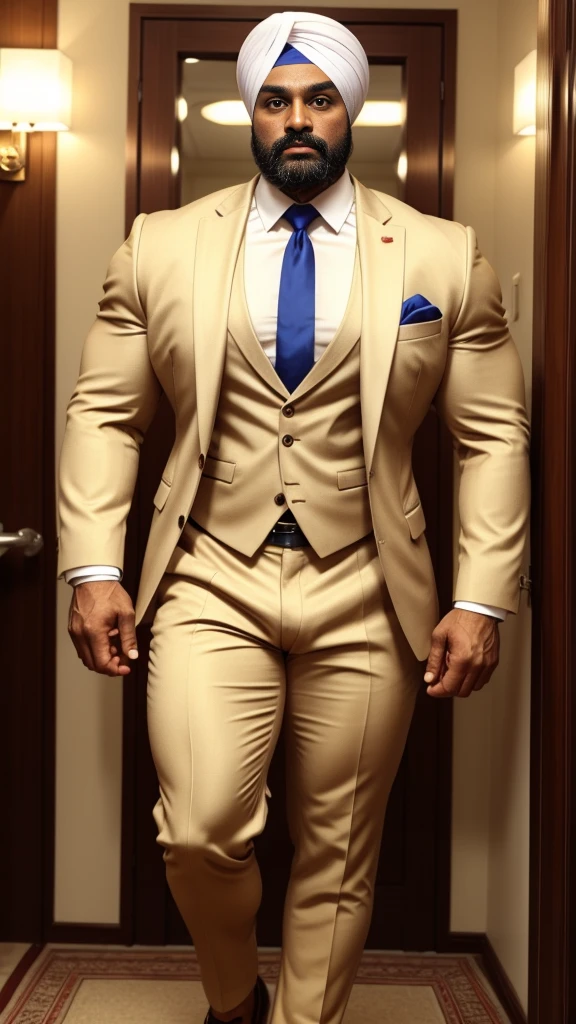40 years old indian sikh hunk in formal suit and huge bulge, head to thighs