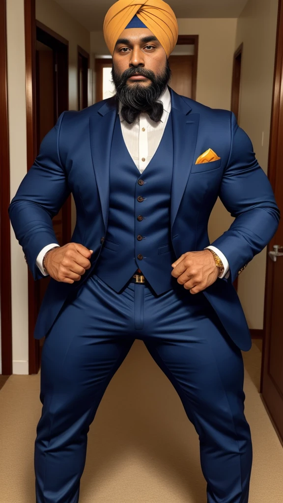 40 years old indian sikh hunk in formal suit and huge bulge, head to thighs