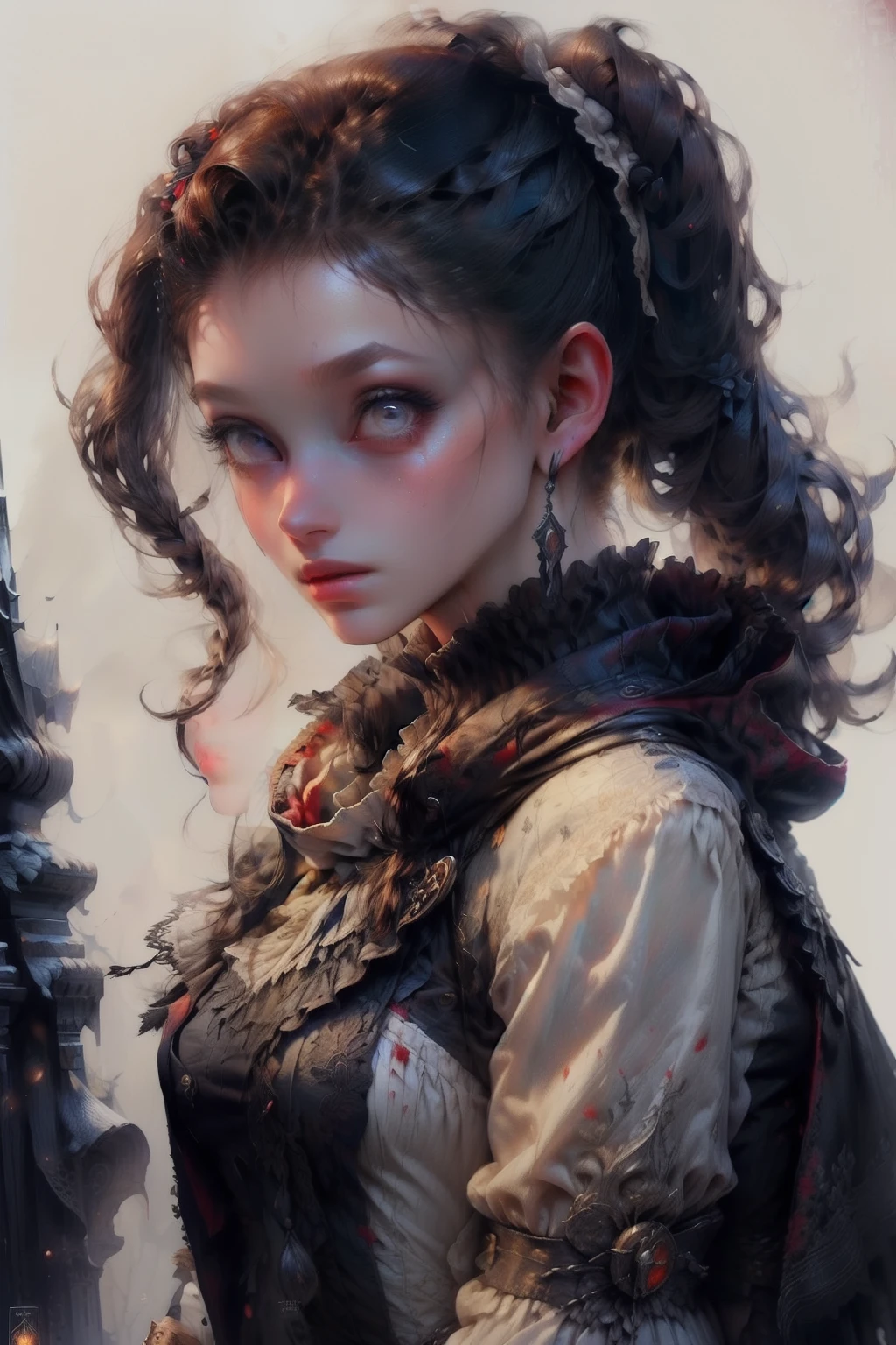 (((masterpiece, of the highest quality, super detailed))), hand drawn style, hand painted style, watercolour, sketch, a knight, white background, plain background, Bloodborne inspired, tatty Bloodborne attire, occult aesthetic, occult, tatty red and white clothing detailed and intricate steampunk and detailed gothic ta (with a hood), long coat, very thin long legs, Complex laced boots, Fluttering lace flared dress with frilly petticoats, petticoats gothic loliesthetic, beautiful small breasts, (((flat chest:1.1))), (((( Highly detailed face))), small thin nose, Small thin lips mouth, (((Very sharp focused eyes))), Very large slit precision pale grey eyes that shine like jewels. ((dark hair)), ((long ponytail, thick ponytail, heavy ponytail)), very long eyelashes, white background, Very dramatic and cinematic lighting, tatty damaged old red and white clothing, full body, whole body, body, cosmic horror, grim dark, NSFW