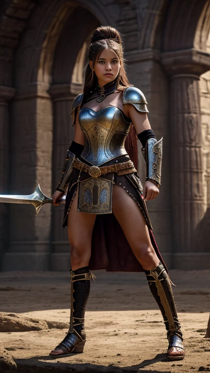 Create a full body image in 4K, that evokes a warrior princess . Dress her in armor that is both fierce and seductive, showing her strength and beauty in a medieval battle scene with a touch of fantasy elements.
