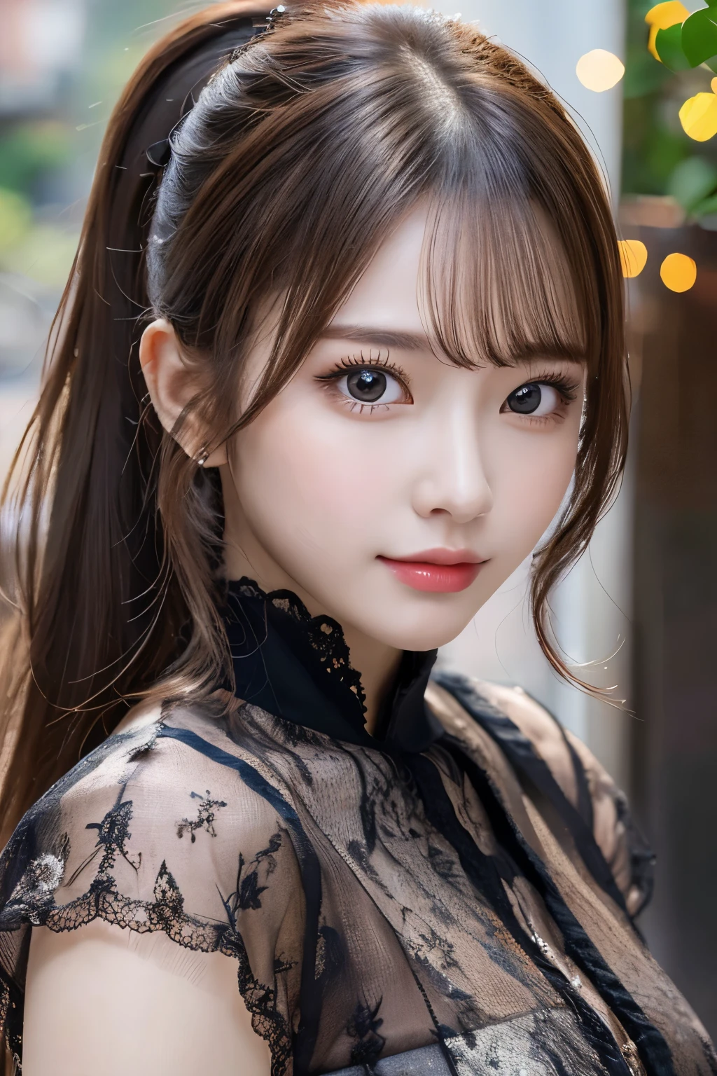 Beautiful woman, ponytail, Highly detailed face, Very fine eye, double eyelid, Ultra-detailed lips, resolution.Photorealistic: 1.4, 超高resolution, masterpiece, Attention to detail, high quality, 最high quality, highresolution, Realistic:1.5, Outdoor,
