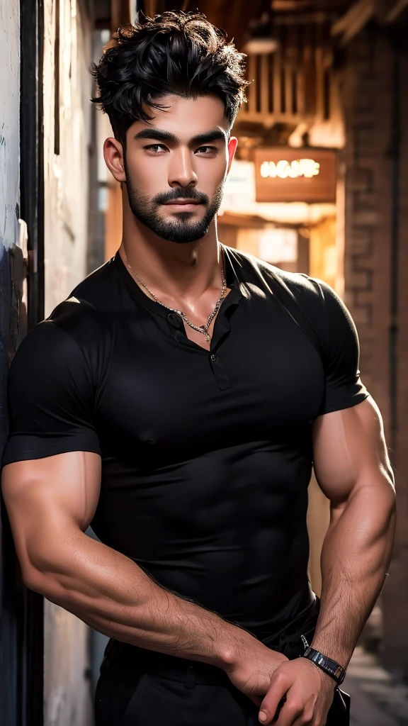 a muscular handsome man, black shirt, open buttons showcasing chest and abs, black pants, looking at viewer romantically, fair skin, black short hair, light facial hair, chest hair, sexy expression, tattoos on chest,