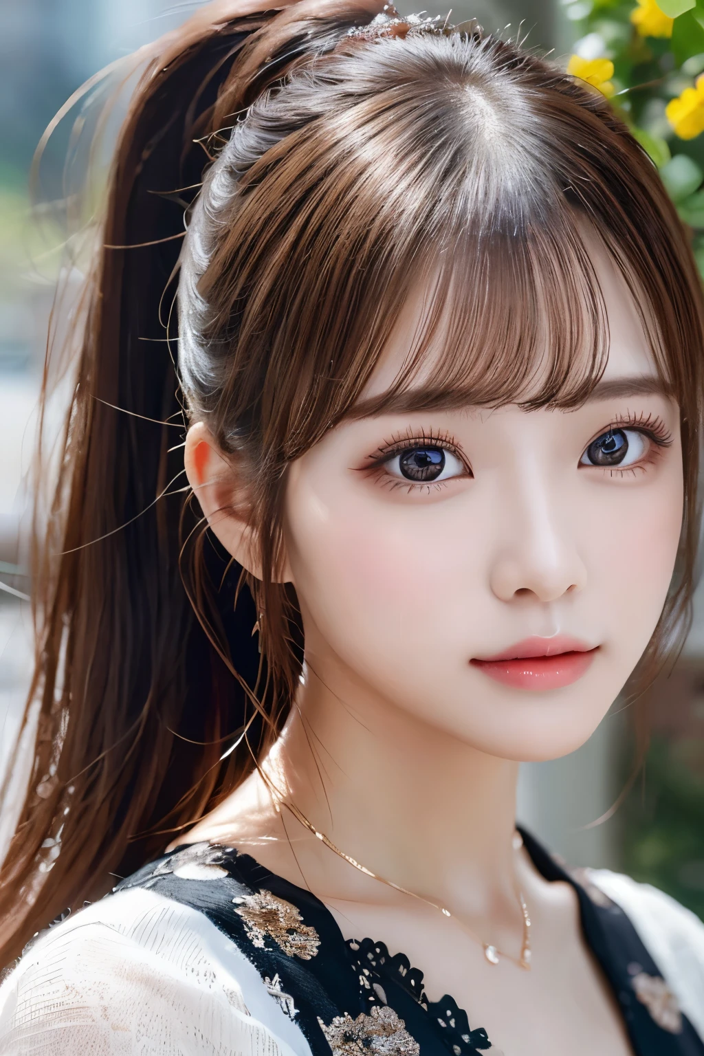 Beautiful woman, ponytail, Highly detailed face, Very fine eye, double eyelid, Ultra-detailed lips, resolution.Photorealistic: 1.4, 超高resolution, masterpiece, Attention to detail, high quality, 最high quality, highresolution, Realistic:1.5, Outdoor,