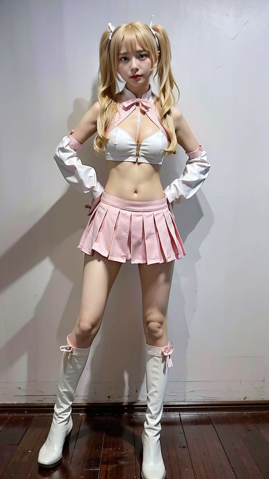 (8k、RAW Photos、Highest quality、masterpiece:1.2)、(Realistic、Realistic)、1 person、((White and pink、ribbon、Belly button、enamel、mini skirt、、Blonde、Twin tails、Breast enlargement、boots、Thin legs、whole body、View from the front、Looking into the camera、Stand with hands on hips))、cute