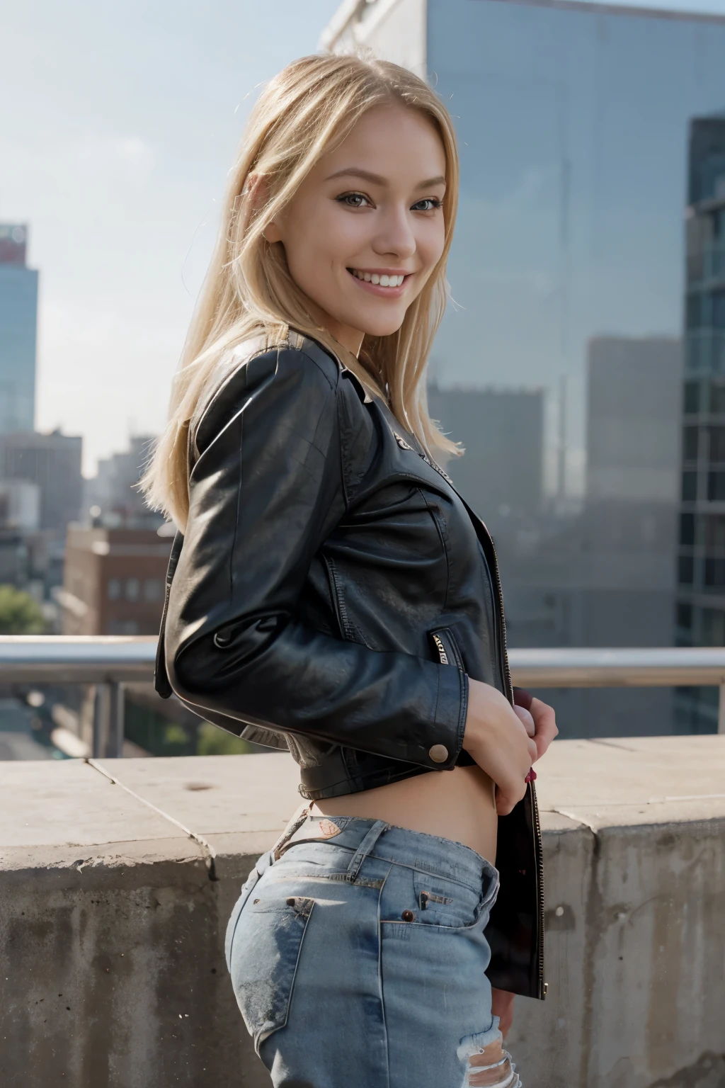 Blonde hair, blonde girl, straight nose, small nose, makeup, lipstick, toothful grin, smiling, smile, Photo from a lower angle, fashionable, Fashion photography, politically correct,
a woman wearing leather jacket red, a White T-shirt and ripped jeans, city skyline.
Her back to us.