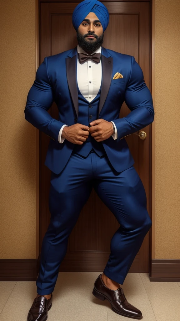 30 years old indian sikh hunk in formal suit and huge bulge, head to thighs view