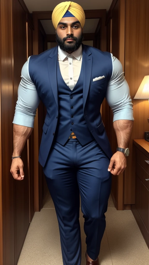 30 years old indian sikh hunk in formal suit and huge bulge, head to thighs view