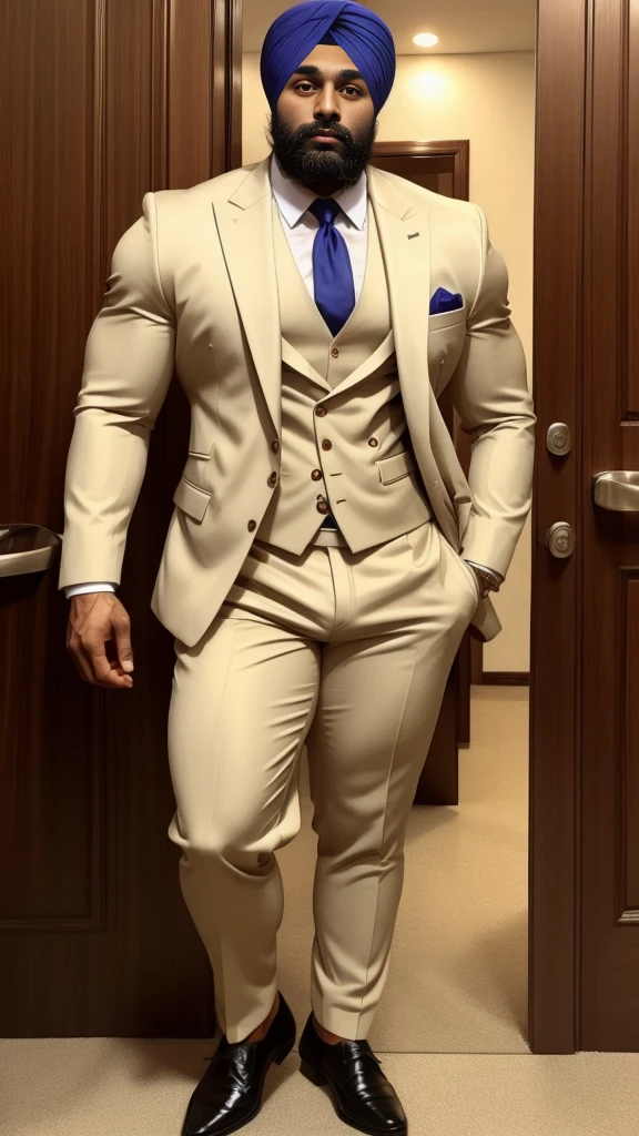 Handsome 40 years old Indian beared GURJAR man changing his formal suit in home, huge bulge, head to thigh, from front view, realistic, hd, hdr, detailed pictures, originality