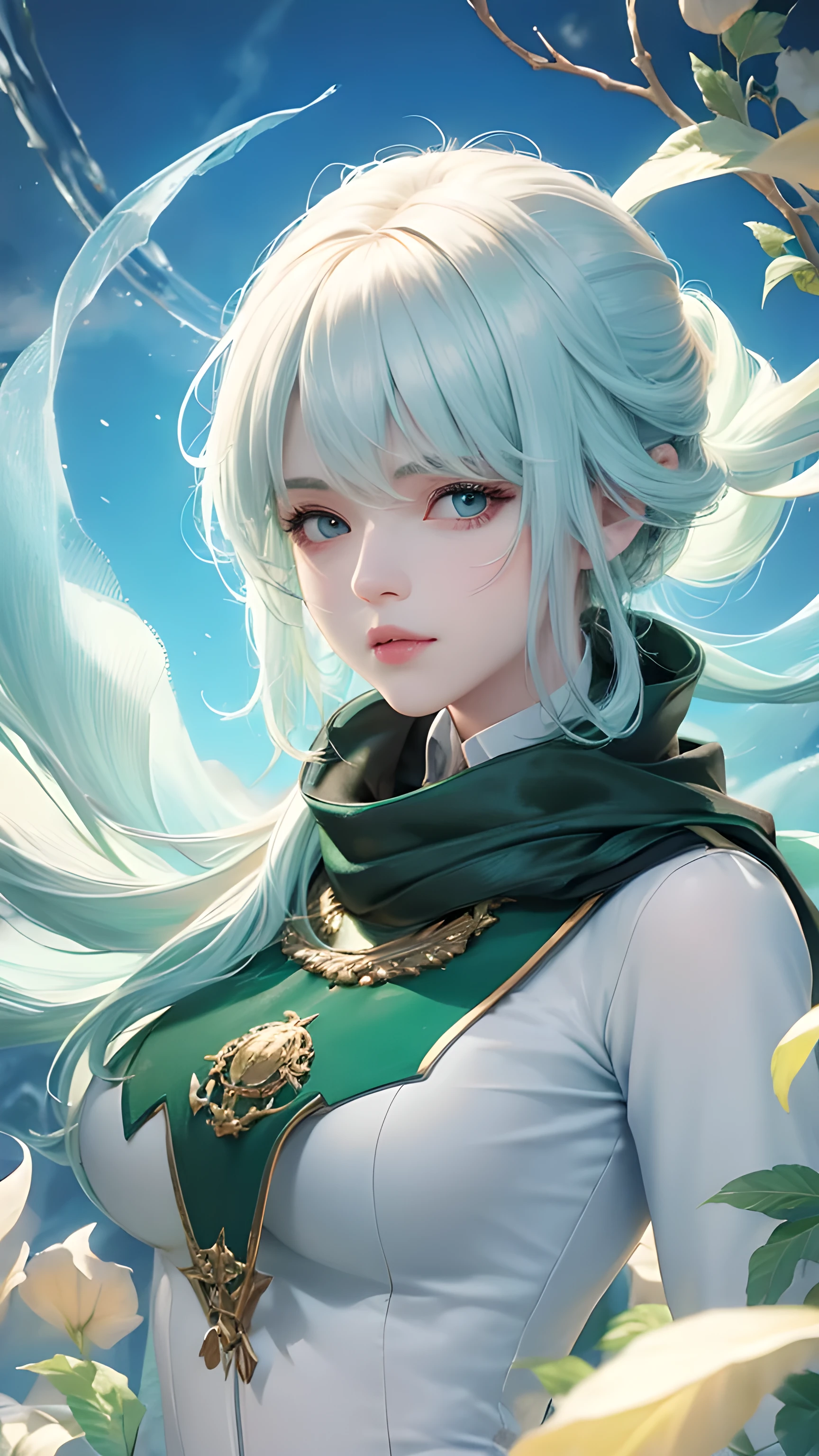1 girl, Vallopp, (Blindfold:1,3), Clothing cut, Green Background, Hair between the eyes, scarf, Upper Body, White hair, Sky
