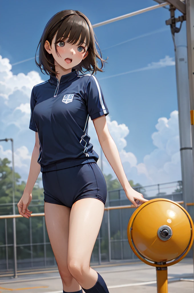 masterpiece, Highest quality, High resolution, Anene, short hair, Bloomers,Gym suit, Are standing, Cowboy Shot, Outdoor, Ahegao,Browsing Caution,