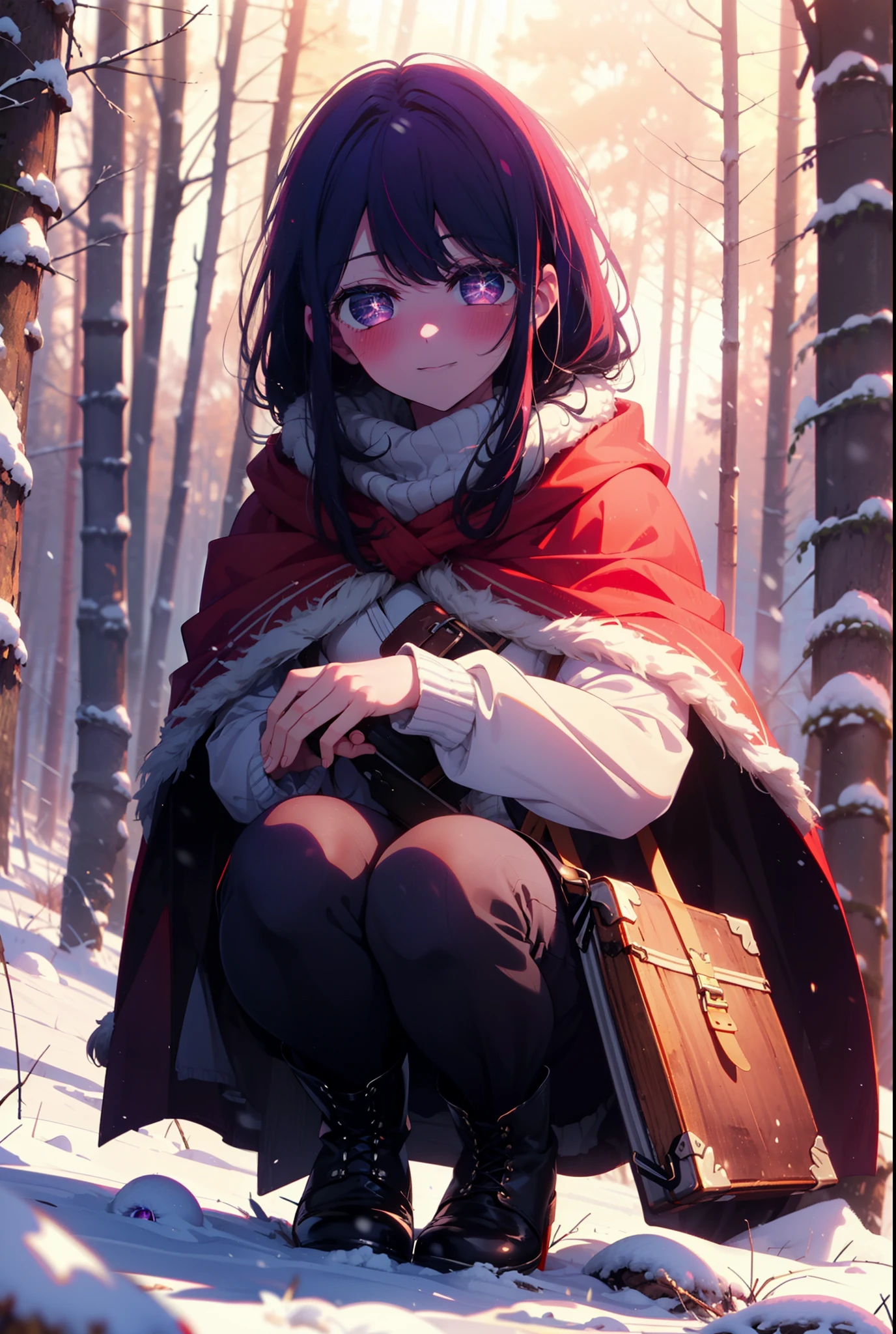 aihoshino, Ai Hoshino, Long Hair, bangs, (Purple eyes:1.1), Purple Hair, (Symbol-shaped pupil:1.5), smile,,smile,blush,white breath,
Open your mouth,snow,Ground bonfire, Outdoor, boots, snowing, From the side, wood, suitcase, Cape, Blurred, , forest, White handbag, nature,  Squat, Mouth closed, Cape, winter, Written boundary depth, Black shoes, red Cape break looking at viewer, Upper Body, whole body, break Outdoor, forest, nature, break (masterpiece:1.2), Highest quality, High resolution, unity 8k wallpaper, (shape:0.8), (Beautiful and beautiful eyes:1.6), Highly detailed face, Perfect lighting, Highly detailed CG, (Perfect hands, Perfect Anatomy),