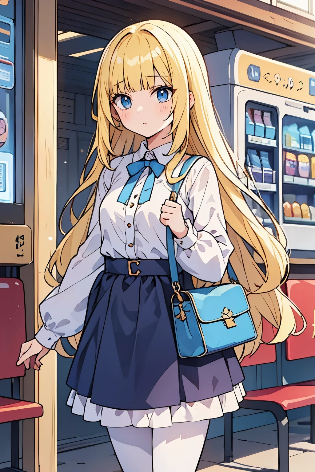 cowboy shot, Young adult girl, best quality, 1 girl, female figure, yellow hair, blunt bangs, extra long hair, crystal blue eyes, golden blonde hair, voluminous hair, disheveled wavy hair, cute girl, (medium small breasts), (young female body: 1.4) , Train station background, vending machines and benches, pantyhose, shoulder bag, blue apron dress, white blouse, long sleeves, blue dress, lapel dress