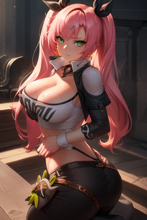 masterpiece,best quality,high resolution,8k,ultra HD,wallpaper,illustration,perfect face,cowboy shot,beautiful detailed eyes,extremely detailed face,perfect lighting,extremely detailed CG,perfect hands,perfect anatomy,perfect body,perfect hands,perfect fingers,1woman,full body,,(muscle fighter:1.1),pink twintails hair,light green eyes,(large breasts:1.3),(Medium ass:1.1),medium nipples,(white tube top:1.3),black hot pants,,,collarbone,,looking at viewer,(sexy look pose:1.3),Steam,sweat,rich home,(Zenless Zone Zero character Nicole Demara),