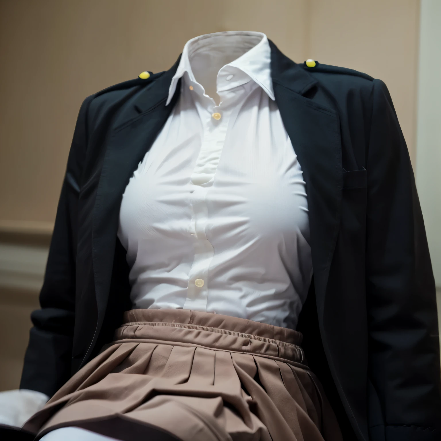 (invisible, no humans, headless, handless, faceless:1.5),cute big breasts, dynamic angle, arched back, white shirt, pleated skirt, striped necktie, collared shirt, black jacket, black skirt, long sleeves, school uniform, black socks, sarashina ruka, (close-up to breasts:1.5), best quality, high resolution, (8k, RAW photo, best quality, masterpiece:1.2), (realistic, photo-realistic:1.37), photon mapping, radiosity, ((Hasselblad photography)), physically-based rendering