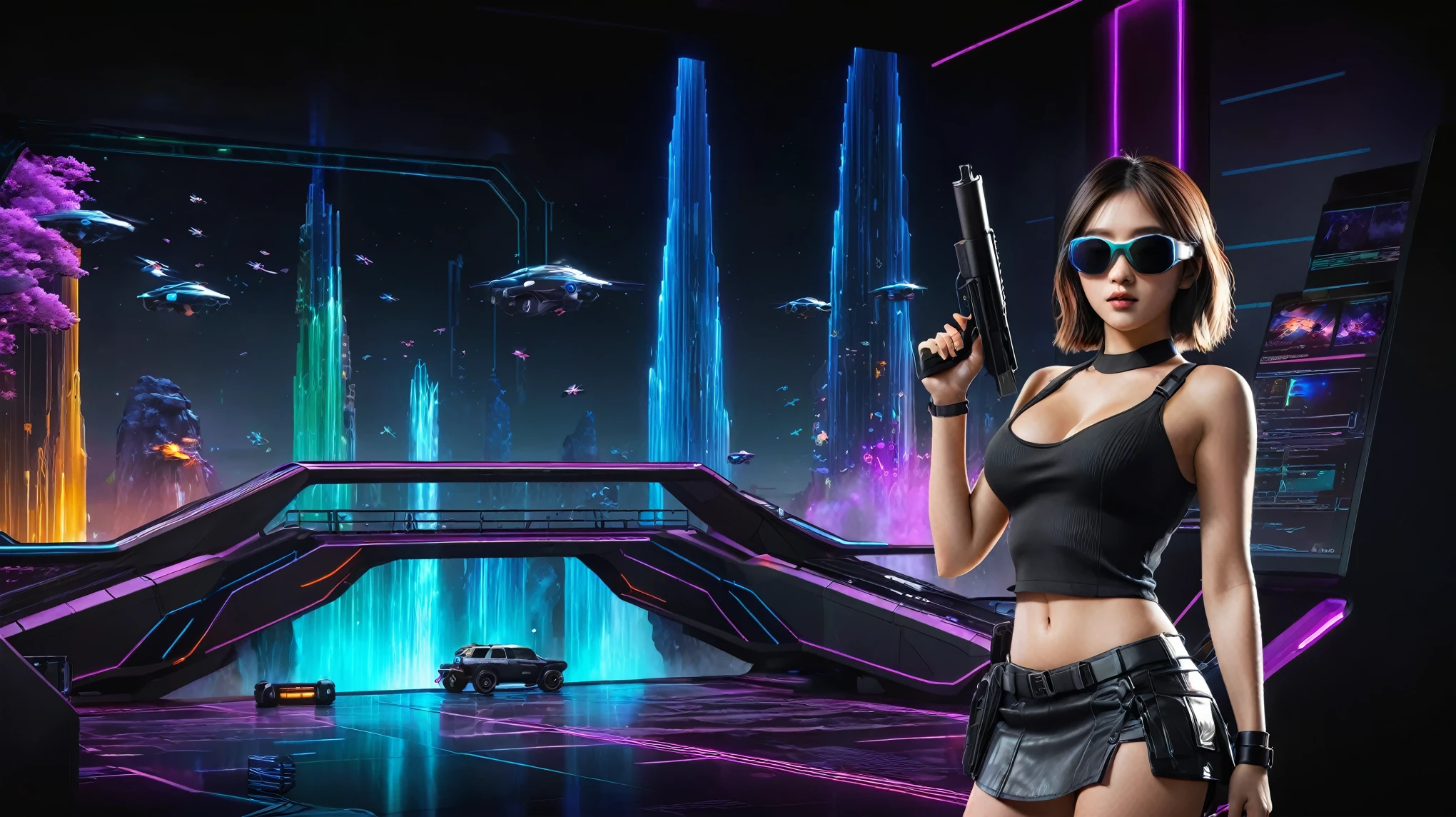 A futuristic sci-fi virtual battle field of war game, shooting range with moving targets, flying vehicle, neon waterfalls. High-resolution OLED GUI interfaces in the building, The windows are filled with transparent data visualization infographics that show it all, from weather patterns to traffic flow, Matrix cascading code. Colors are saturated and vibrant. At night, (1girl, solo), photo realistic, medium-breast:1.3 slim body, cleavage, sling top, miniskirt, (mini VR sunglasses, holding a short gun), half-body thigh level medium shot, cinematic lighting, ray tracing.