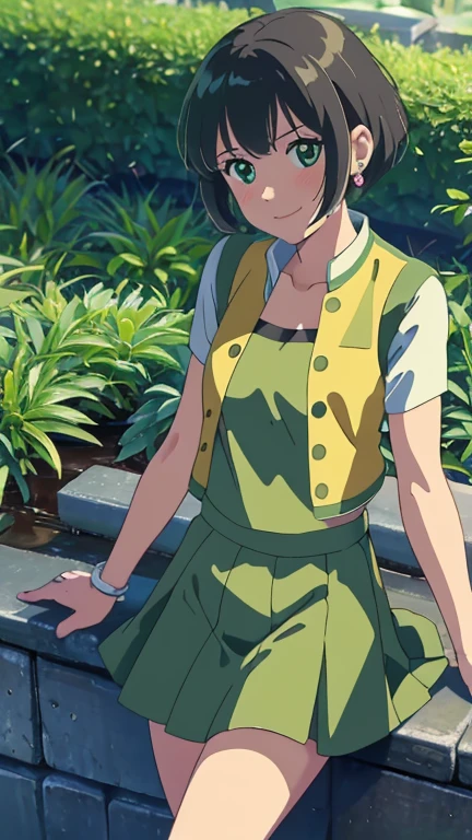 (1girl, solo, highly insanely detailed, masterpiece, top quality, best quality, highres, 4k, 8k, RAW photo),((innocent look)),((Childish)),From the front, symmetrical composition,smile,cute,Innocent,Kind eyes, kotonoha no niwa, garden, The Garden of Words, (ppgzbtc),
(green eyes, short hair, earrings, yellow vest, green skirt)