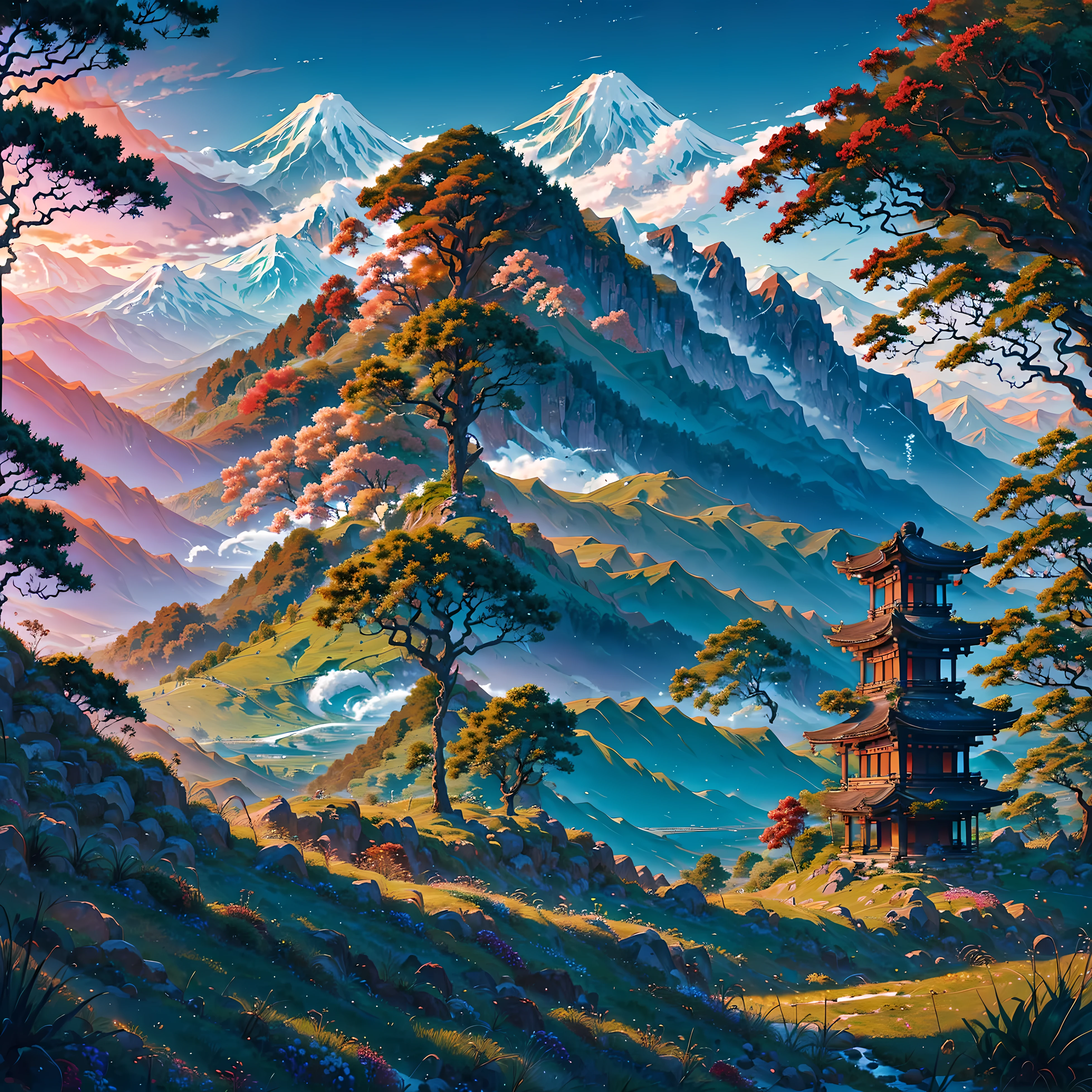 A Japanese valley unfolds with Mount Fuji in the background. Alongside vibrant grass, a slender road meanders, accompanied by the presence of tall trees, enhancing the serene beauty of the landscape.