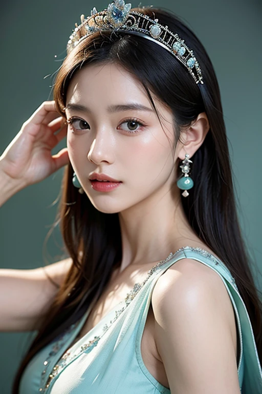 Elegant ancient Chinese-style costume, a beautiful woman with long hair, exquisite earrings and headwear, a blue-green and white dress with silver decorations, a half-body portrait, a blurred background, high-definition details, a fantasy fairy wallpaper, perfect facial features, exquisite facial contours, perfect skin texture, and exquisite eye makeup, in the style of a fantasy art wallpaper. --ar 35: