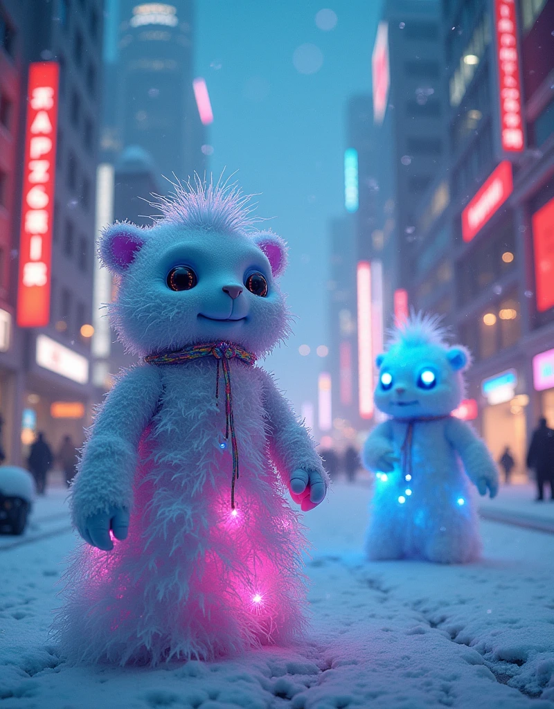 winter cyberpunk snow people street Cinematic, portrait Photography, Shot on 50mm lens, Ultra-Wide Angle, Depth of Field, hyper-detailed, beautifully color-coded, insane details, intricate details, beautifully color graded, Unreal Engine,