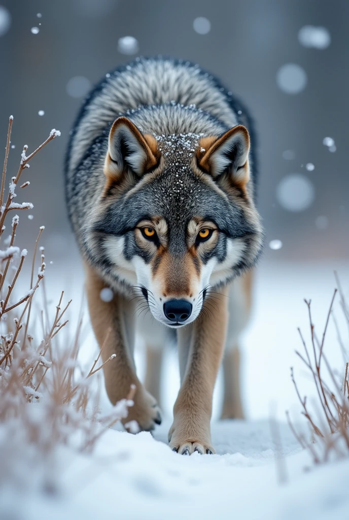 A gray wolf stands in the corner of the picture,Expression ready to attack,cute style,waiting to catch prey,Hunting rabbits,Snow in the background,