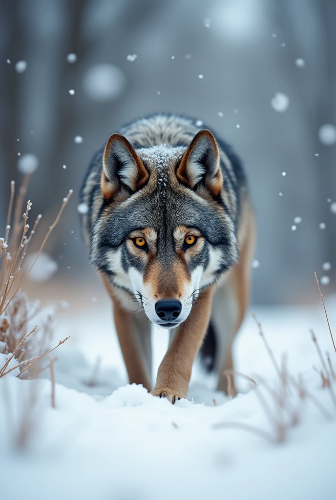 A gray wolf stands in the corner of the picture,Expression ready to attack,cute style,waiting to catch prey,Hunting rabbits,Snow in the background,