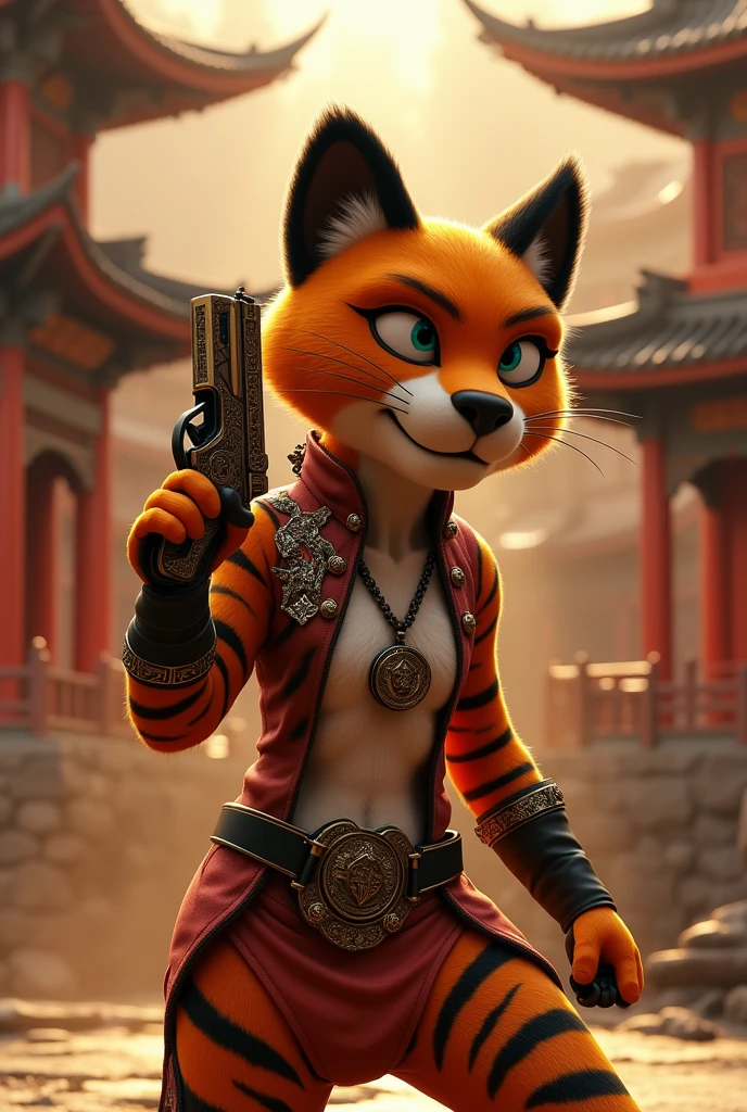 Mistress Tigress, from the movie Kung Fu Panda, holds a pistol (masterpiece, of the highest quality, composition parfaite, high aesthetics, Unrealistic, extremely detailed, complexe, professionnel, art conventionnel, representative work : 1.3)