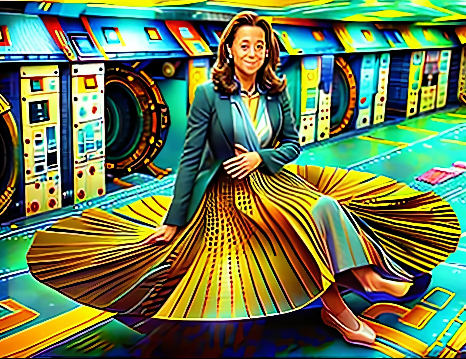 85mm photograph of a Shy, Compassionate, kind, empathic, happy, long haired, beautiful and attractive woman, Sapphic Space Lesbian Kamala Harris is fixing spaceships, lifting skirts, exploring space, investigating anomalies, doing scientific R&D, attending council meetings, conducting espionage, conducting archeological excavations, investigating astral rifts, wearing her (long pleated full circle skirt), uniform jacket and (woman's low heel office shoes), (pronounced (feminine) features), (very windy), skirt is flowing wildly in the wind, lesbian space station, sci-fi, skirts in space, loves women wearing skirts, wants to kiss girls, adores skirts, women wearing skirts, empathy, compassion, romance and love, (pronounced (girly) features), (highly detailed ultra accurate realistic) hands and fingers, (windy), epic composition, highly detailed attributes, (35mm f1.4 Kodak portra 400 photograph), extremely high quality RAW photograph, highly detailed atmosphere, sci-fi, cinematic shot, dynamic lighting, 75mm, Technicolor, Panavision, cinemascope, sharp focus, fine details, 8k, HDR, realism, realistic, key visual, film still, superb cinematic color grading, depth of field 