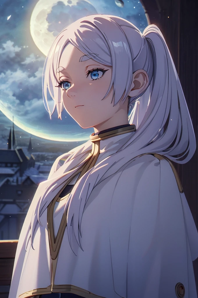 masterpiece, (Highest quality: 1.2), (Super Fine: 1.2), figure, (Very delicate and beautiful: 1.2), Film Angle, floating, (Beautiful detailing: 1.1), (Detail Light: 1.1), Film Light, Delicate Sky, woman, Gray Hair, blue eyes, (High Ponytail: 1.1), Cape, Glowing Eyes, (moon: 1.2), (moonlight: 1.1), Starry Sky, (Particles of light: 1.1), fog , Snow Painting, sketch, flowering